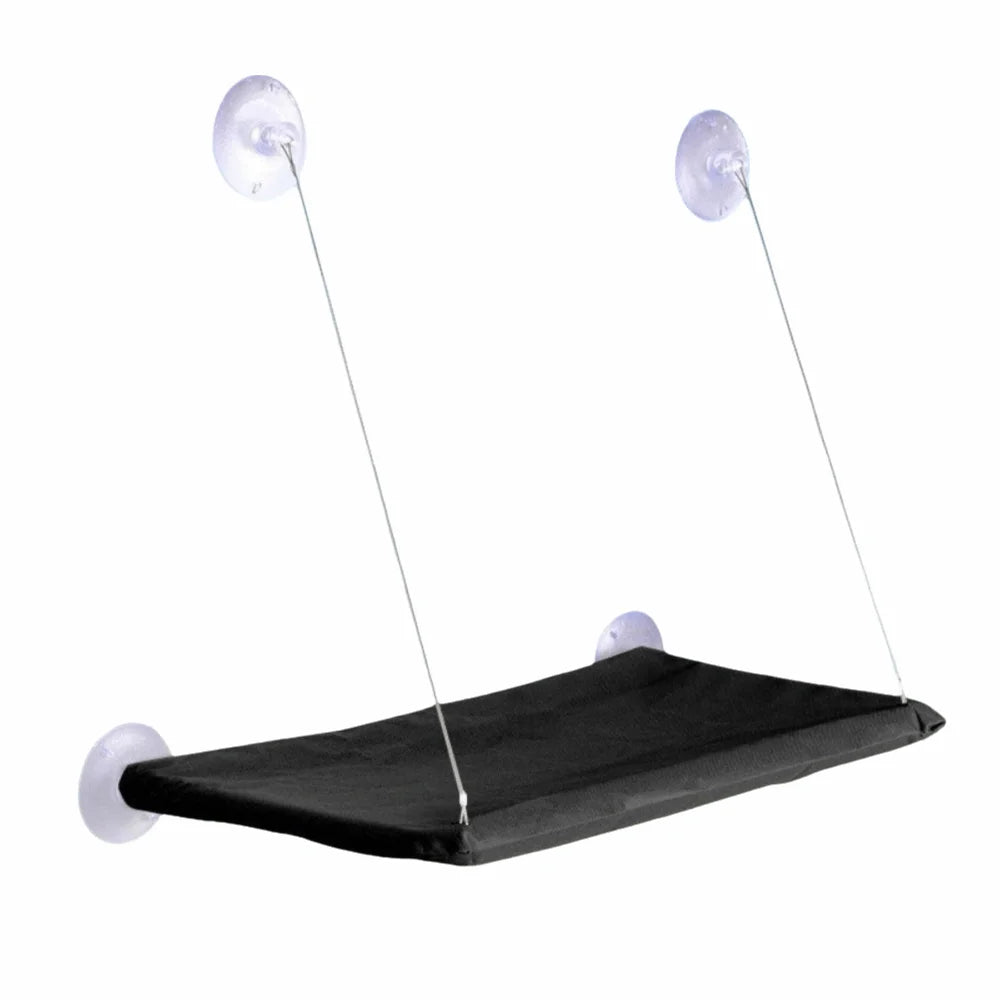 Hanging cat hammock bed with black fabric seat and four suction-cup attachment points