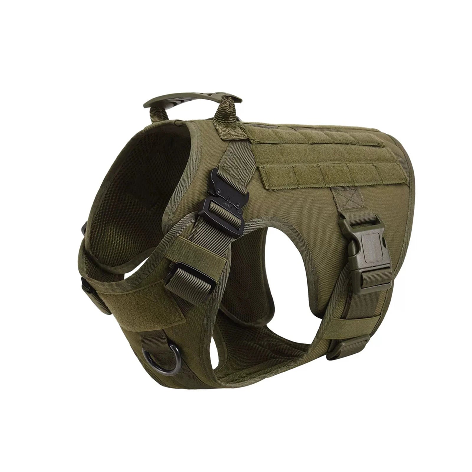 Army green dog harness vest, side view with padded panel and adjustable buckles