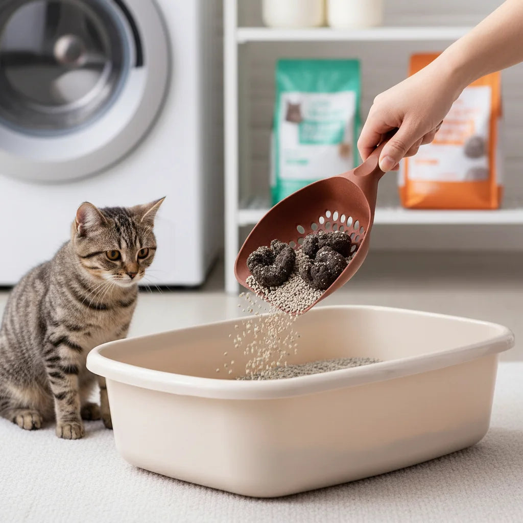 Cat litter scoop with perforated bowl, held over a litter box with a cat watching