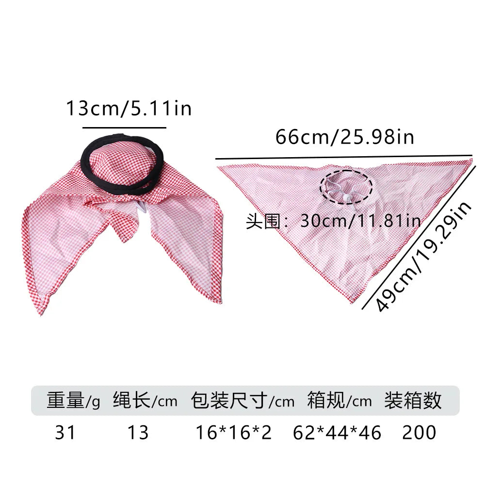 Red pet headscarf costume hat pattern view with measurements and circle