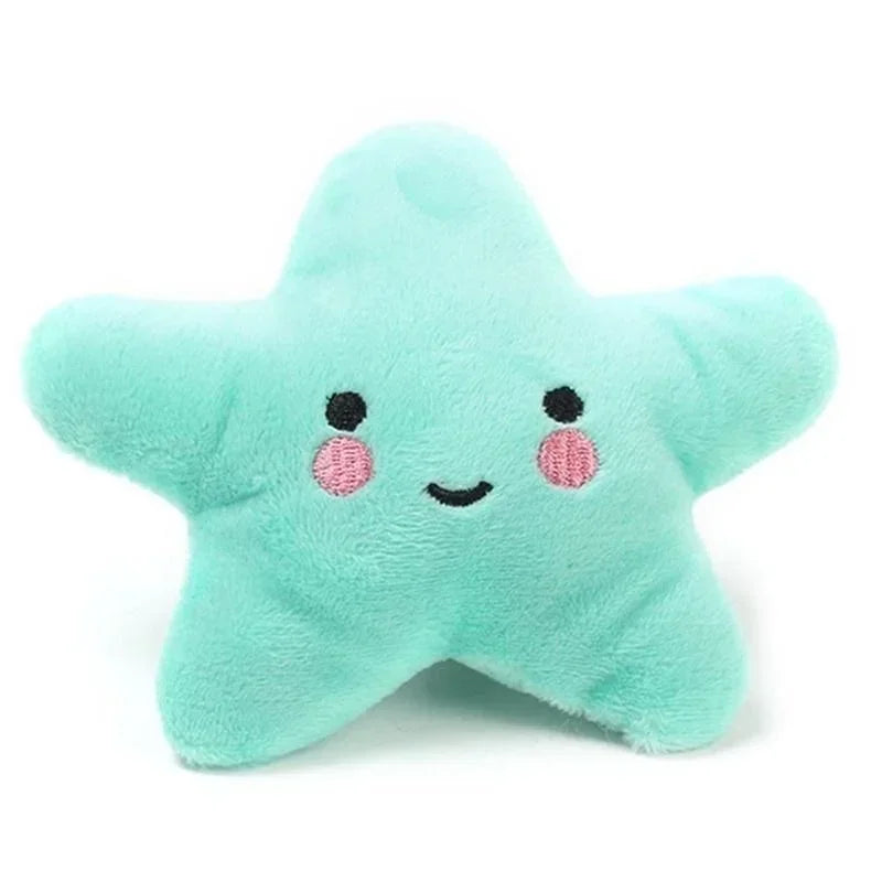 Light blue star-shaped plush toy with embroidered face and pink cheeks