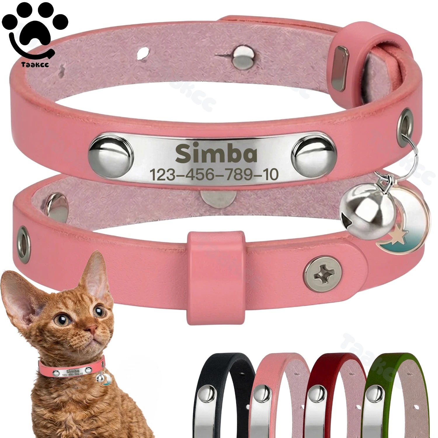 Pink leather cat collar set with metal snaps and round bell charm