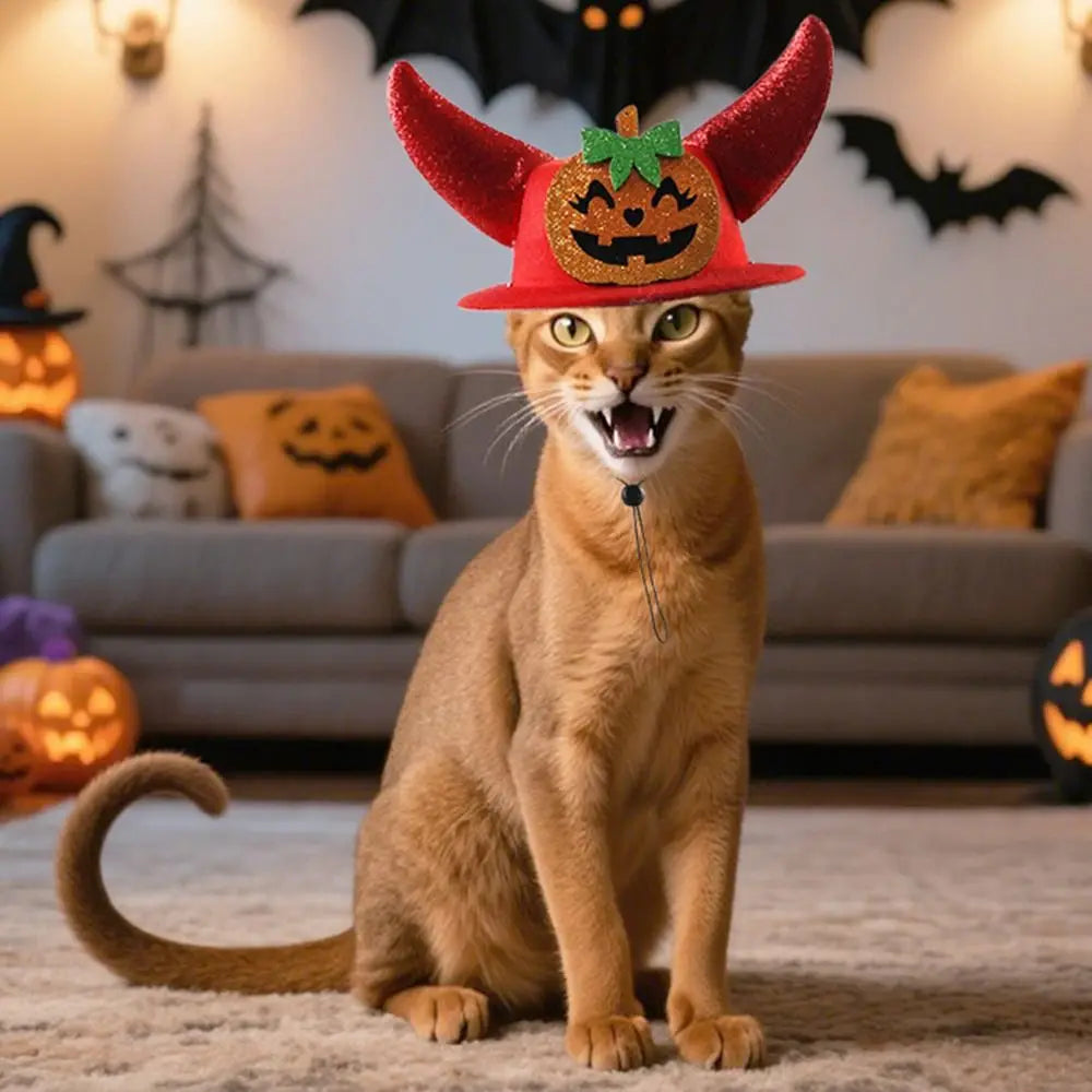 Cat wearing red pumpkin horn cosplay hat with jack-o-lantern face and green bow.