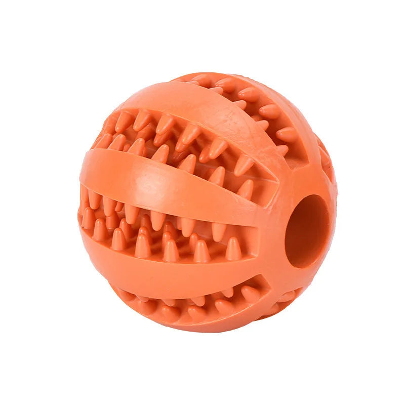 Orange bite-resistant dog treat ball with tooth-grinding spikes and side opening