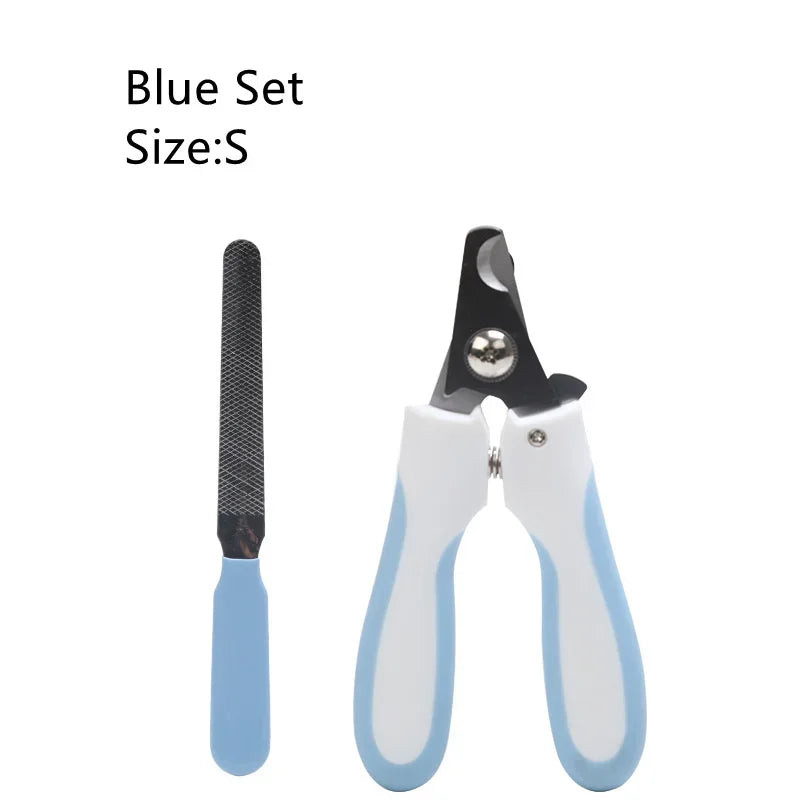 Pet nail clipper set with light blue handles and nail file, size S