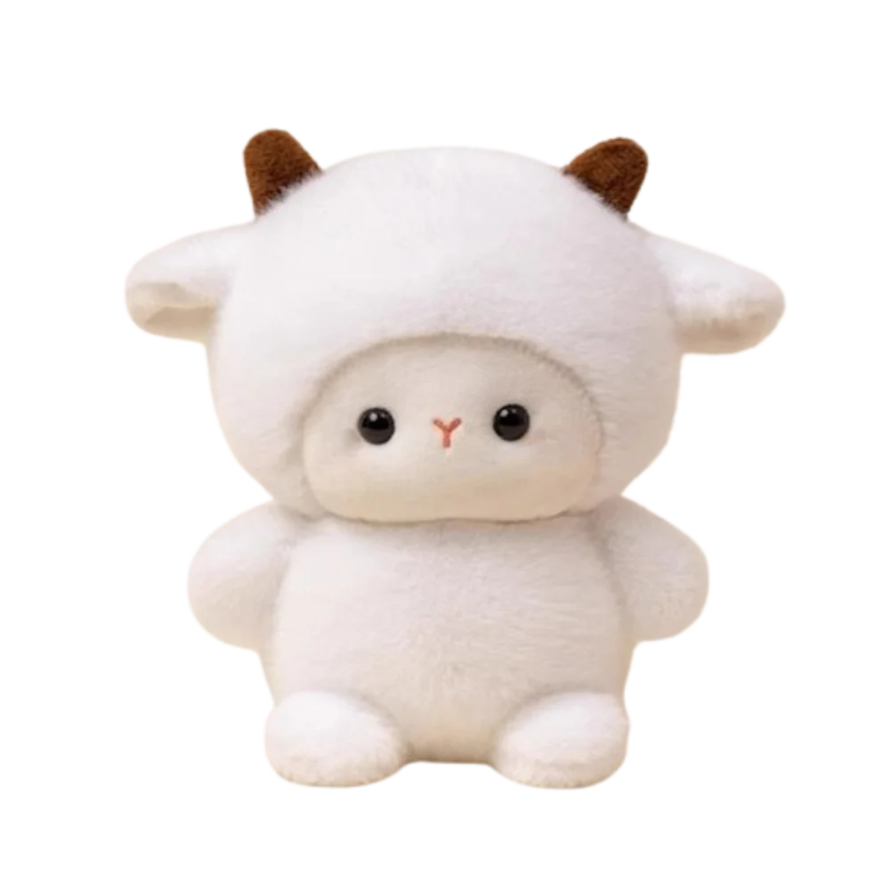 Plush lamb animal toy, white fleece with small brown horn tips, rosy nose and eyes