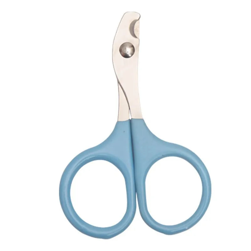 Pet nail clippers with sky-blue handles and silver blades, round finger loops.