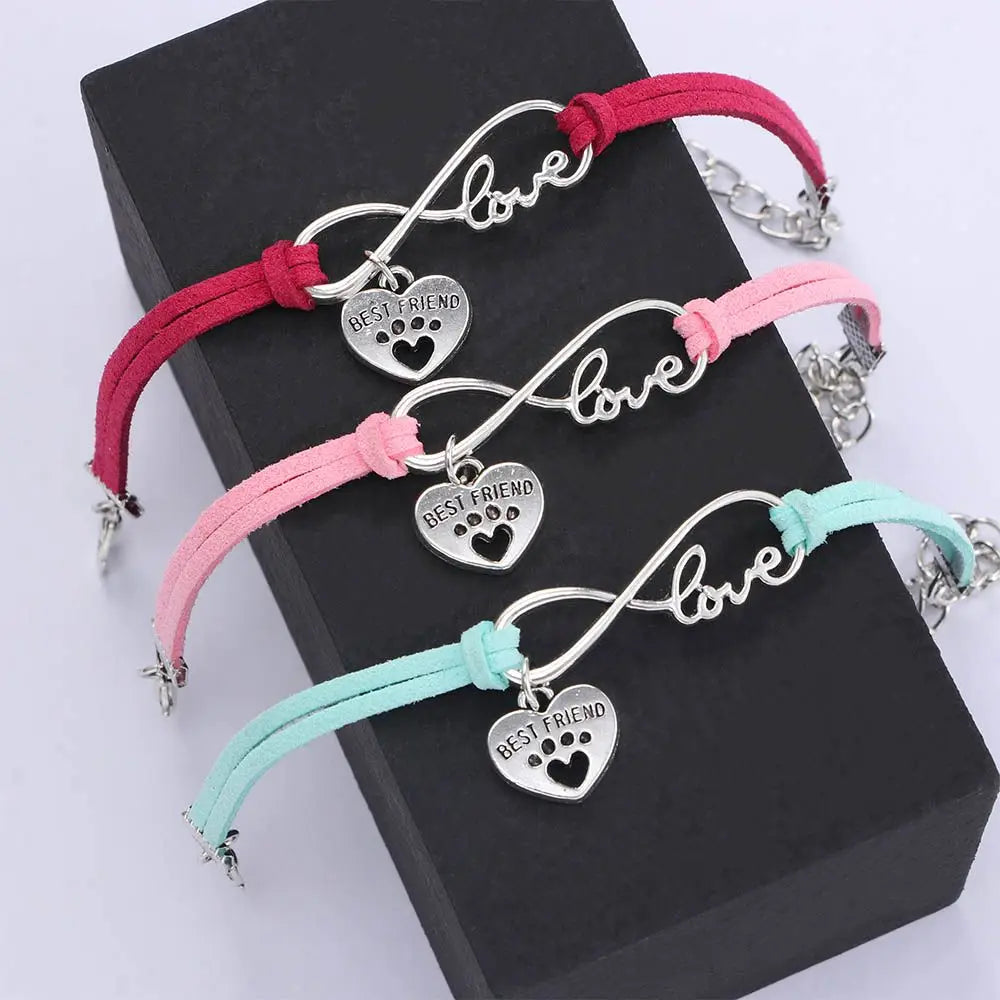 Adjustable pet collars set with red, pink, and mint fabric straps; heart “Best Friend” charms