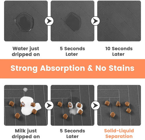 Dark grey pet feeding mat with paw icons, absorbent quick-dry waterproof design
