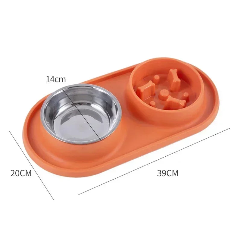 Stainless Steel Dog Double Bowl with Anti-Choking Silicone Mat