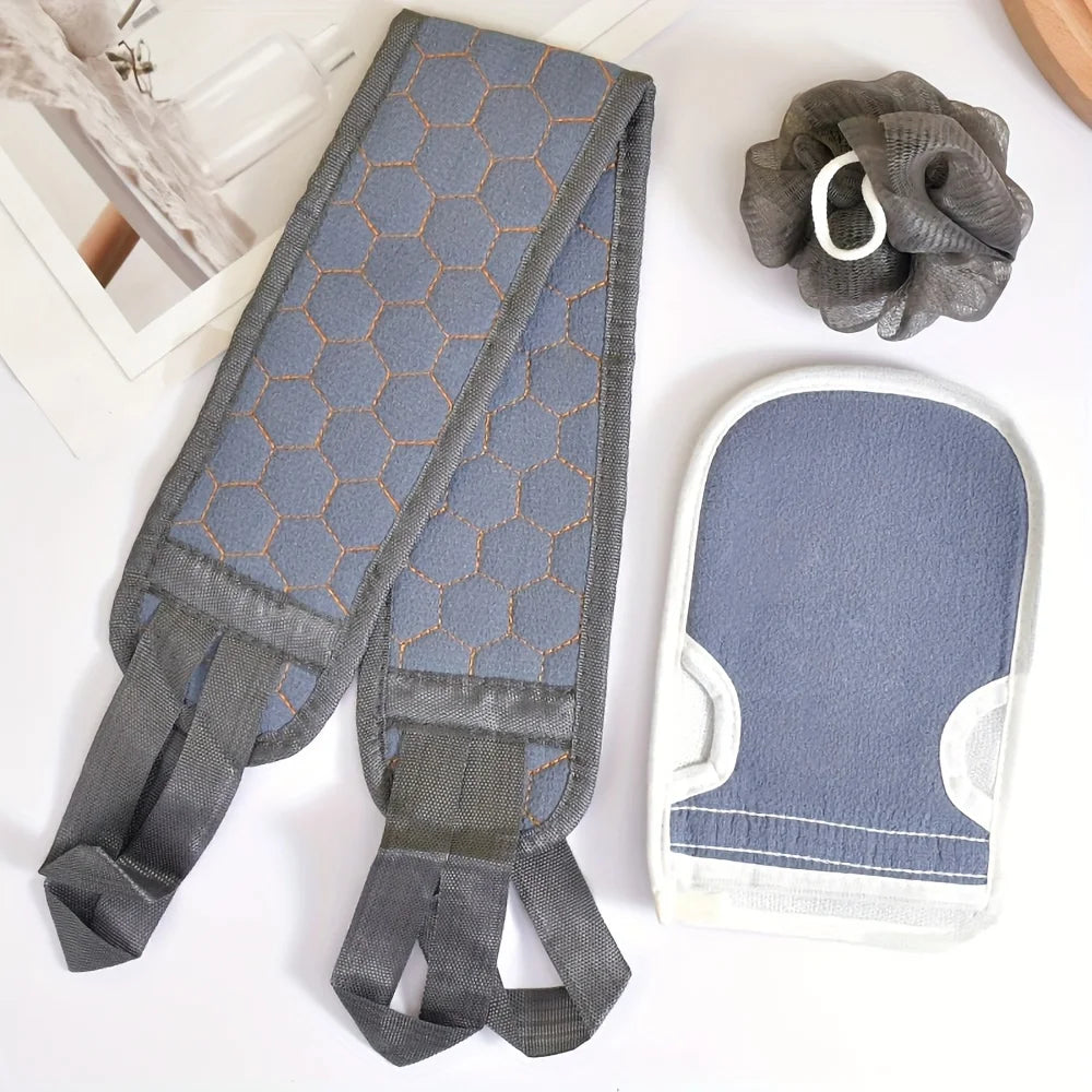 Exfoliating back scrubber bath belt towel, dark gray, with matching glove