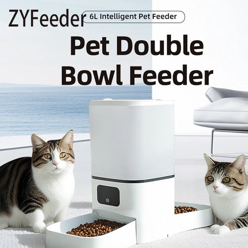 White double-bowl automatic pet feeder with central food reservoir and access panel