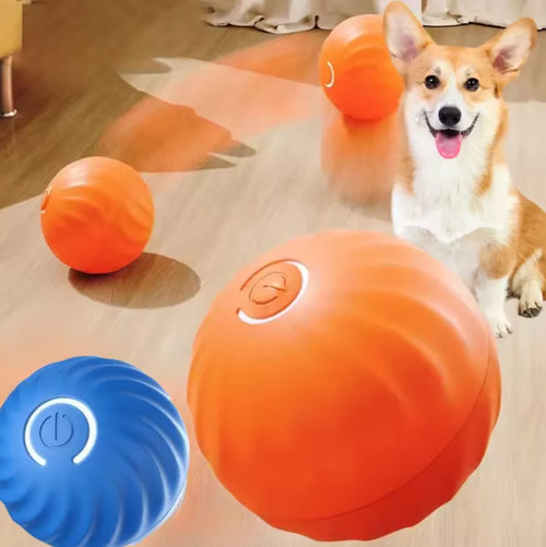Automatic rotating cat toy ball set, orange and blue ridged balls with power icons.