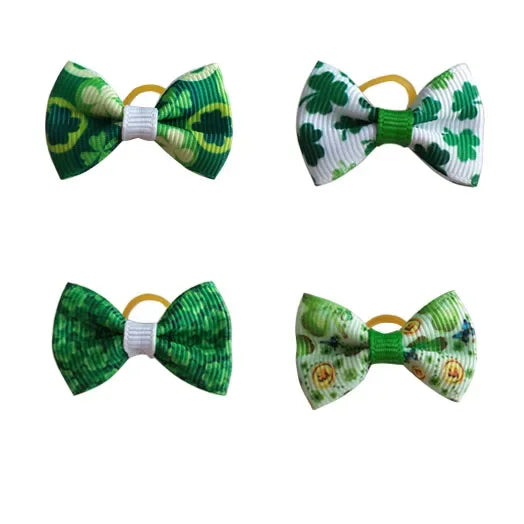 Green patterned dog hair bows with gold elastic loops, set of bow clips