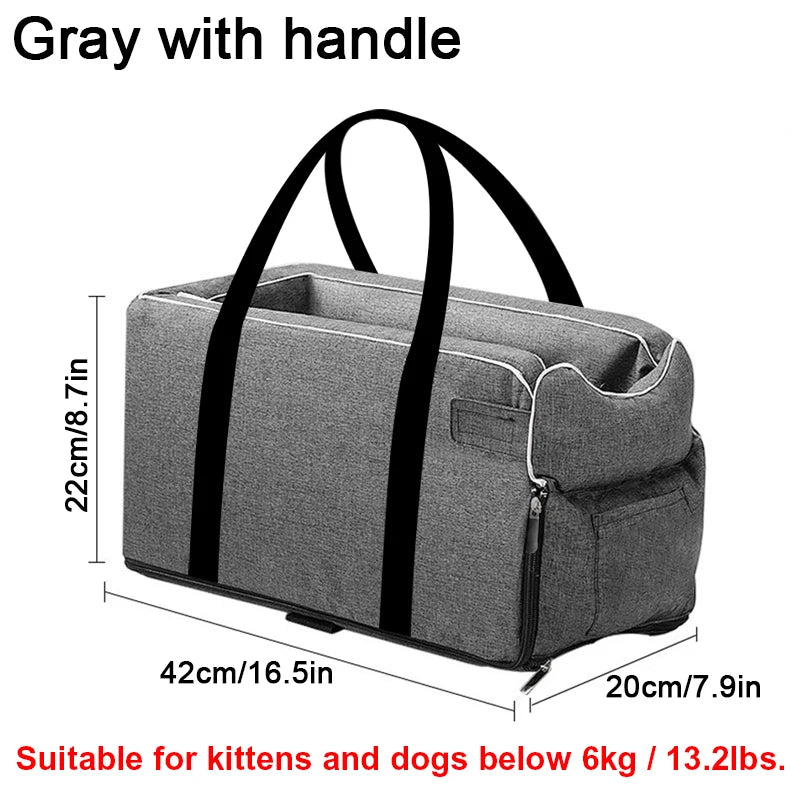 Gray pet car seat bed with carry handle, front zipper, and padded side walls