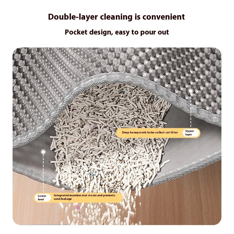 Gray double-layer cat litter mat with honeycomb holes and built-in collection pocket