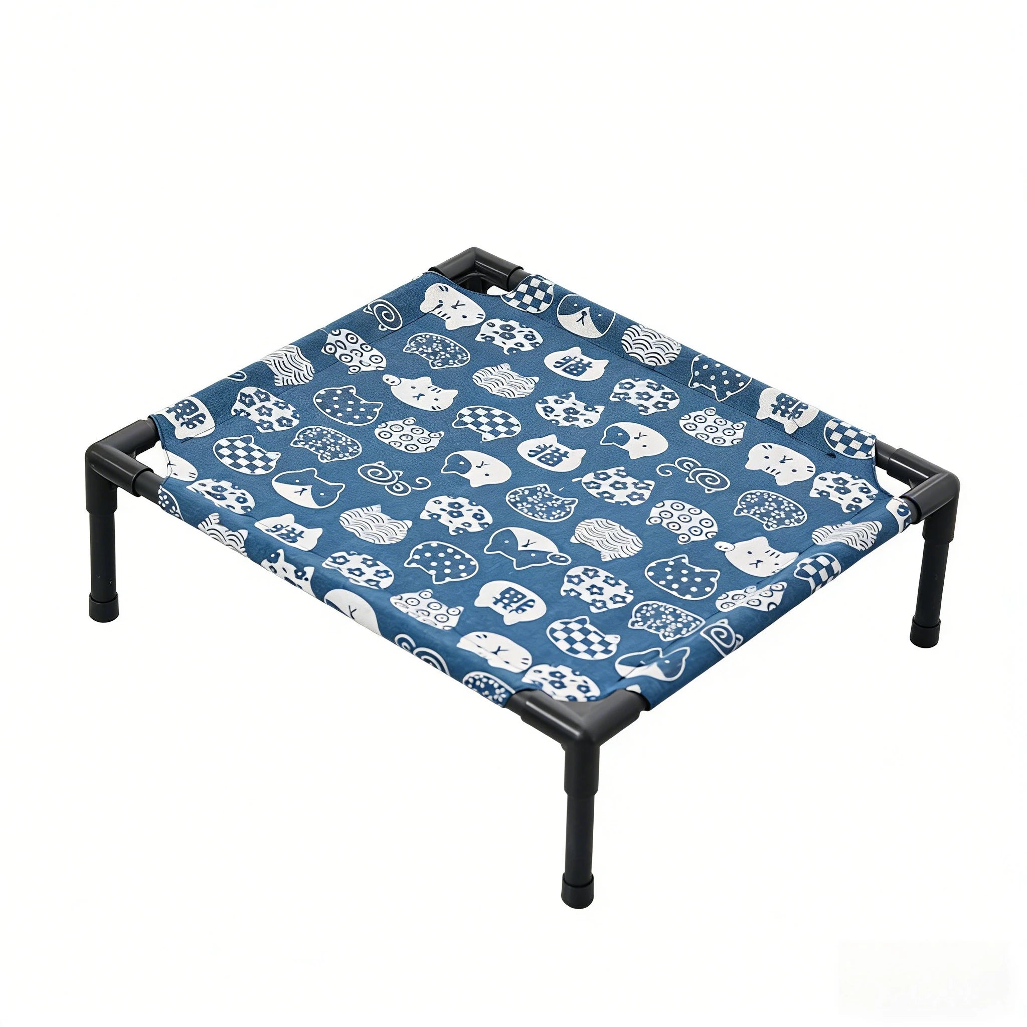 Outdoor elevated dog cot with blue cat-print fabric cover and black metal legs