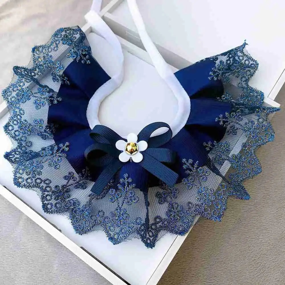 Navy lace mesh pet scarf collar with dark blue bowknot and flower clasp
