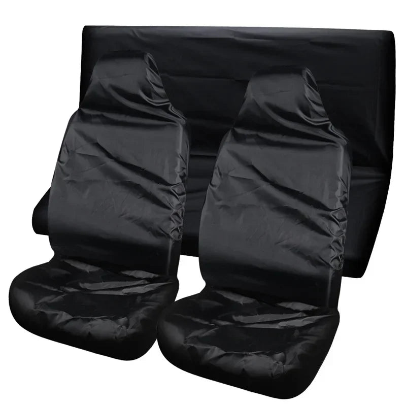 Black pet car seat protector fabric cover, two-seat rear bench cover set with headrests.