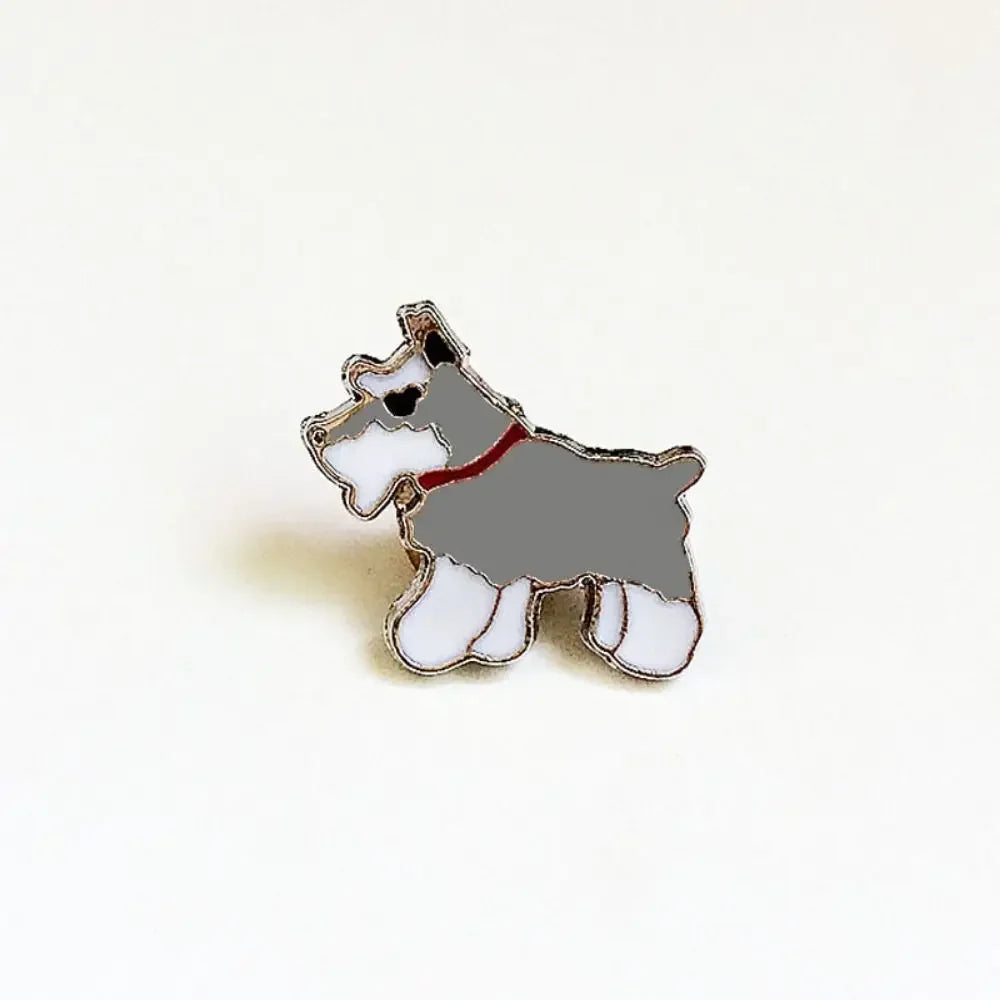 Cartoon dog enamel lapel pin, gray and white dog with red collar on metal outline