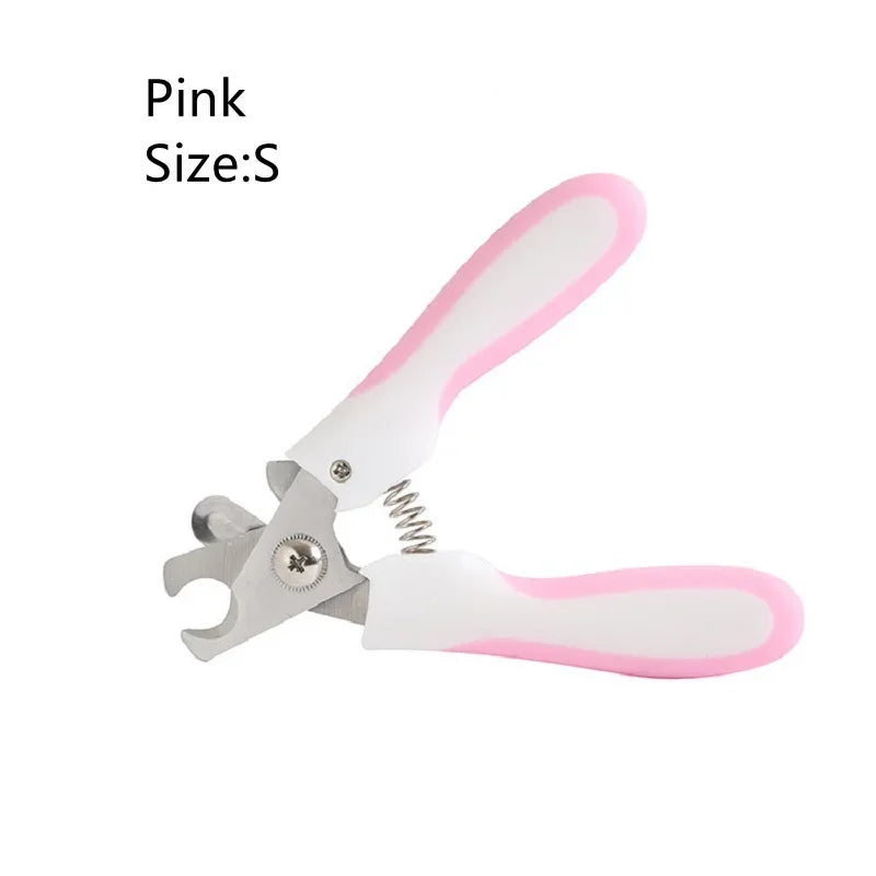 Pink pet nail trimmer, size S, with spring and curved cutting blades