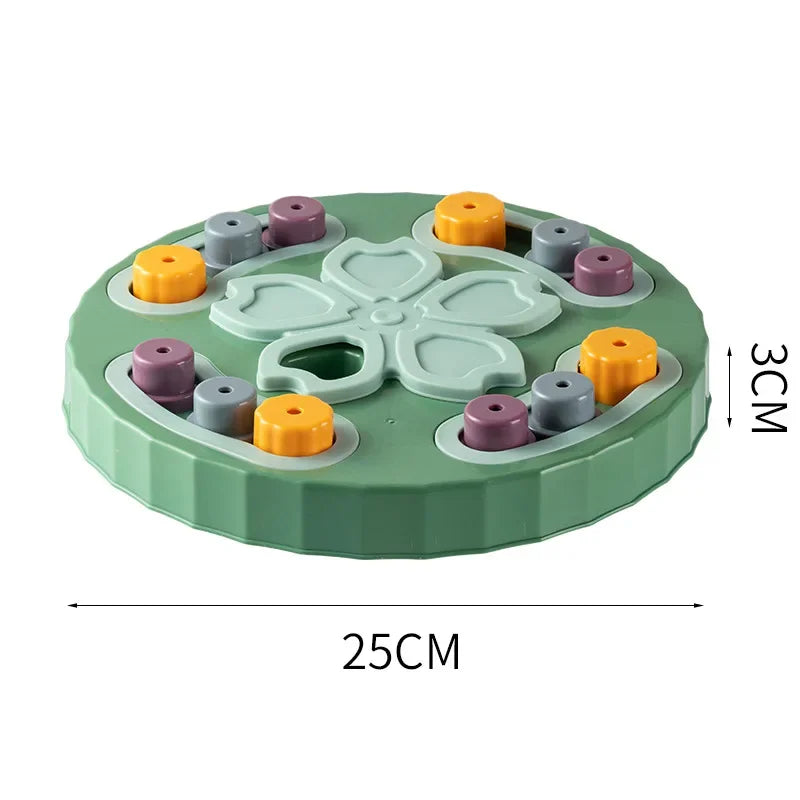 Round mint cat scratching lounge toy with molded paw center and orange/purple pegs