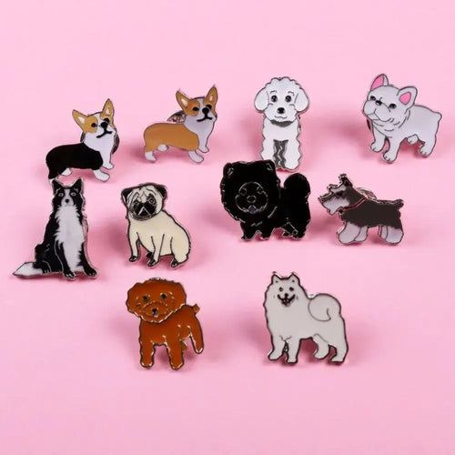 Assorted cartoon dog enamel pin badge set in multiple colors