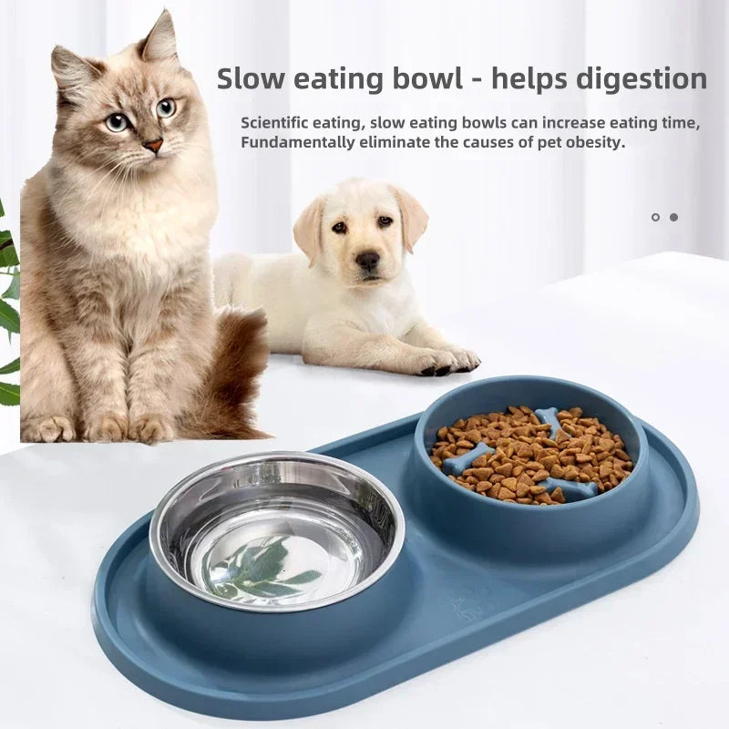 Stainless Steel Dog Double Bowl with Anti-Choking Silicone Mat