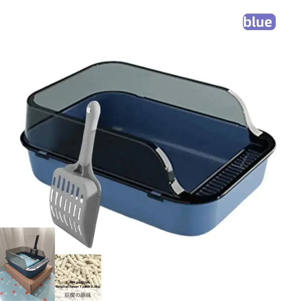 Semi-enclosed cat litter box set, blue with scoop and slotted rake tray (front)