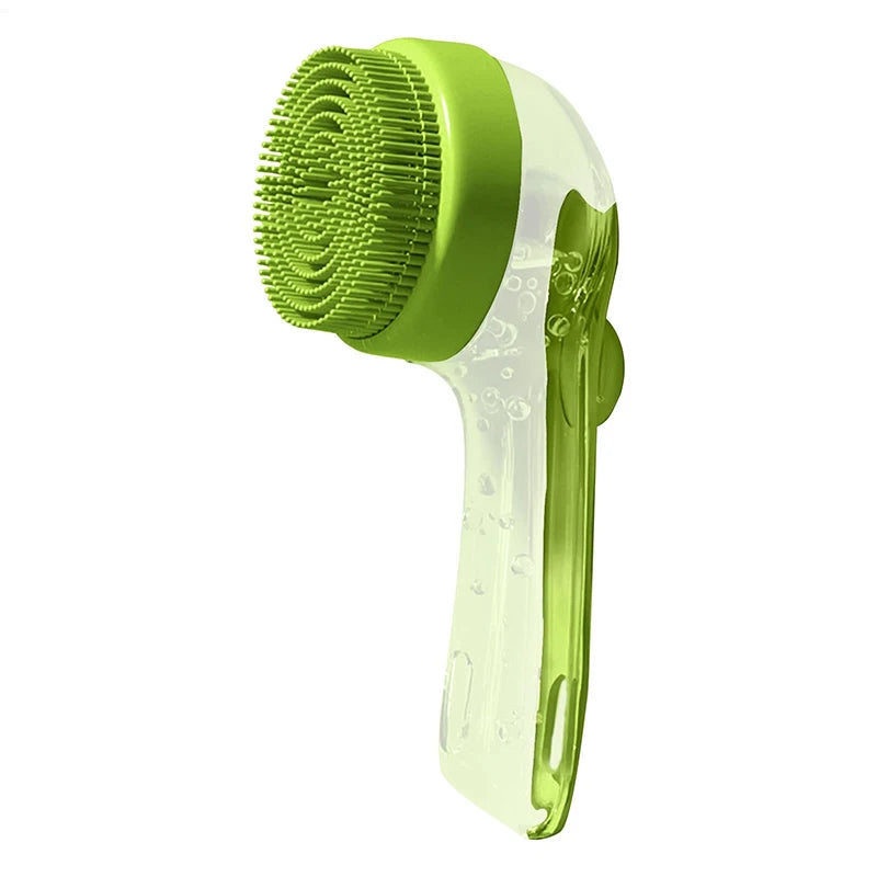 Green pet bath silicone brush with shampoo dispenser and textured grooming head