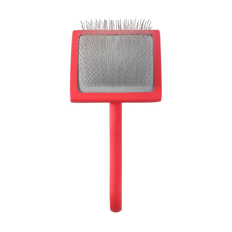 Red double-sided pet grooming brush with silver metal pin head for deshedding