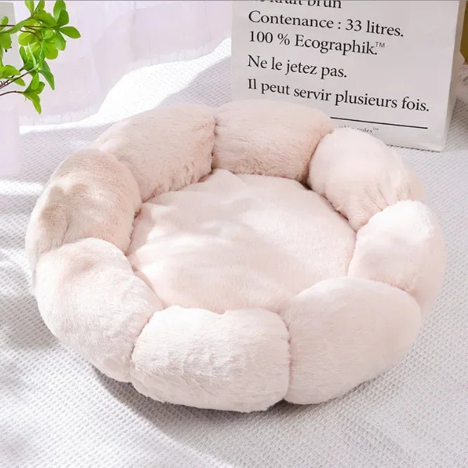 Beige flower-shaped plush dog mat bed with padded inner cushion