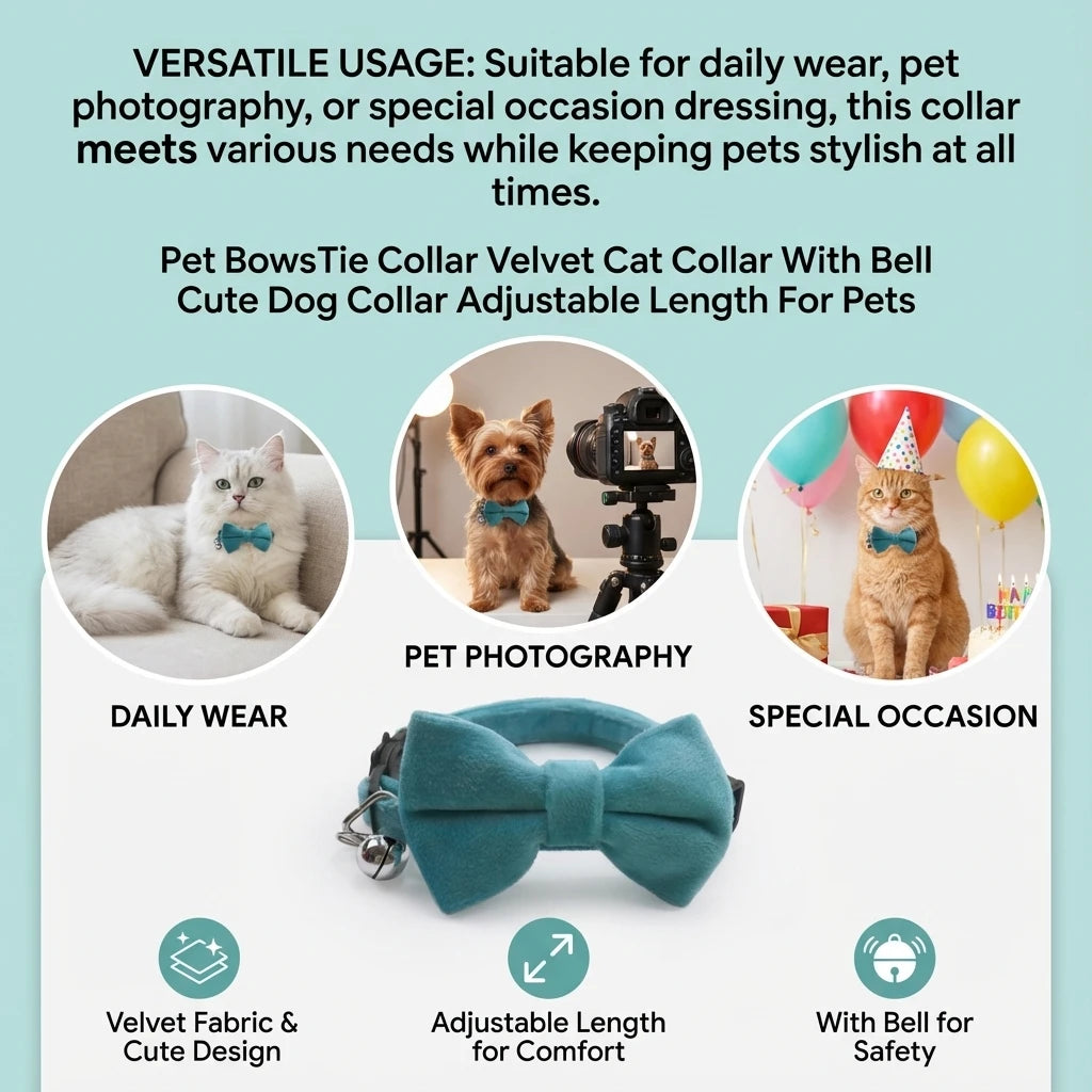 Velvet cat collar with bow tie and bell, teal velvet bow and bell attachment