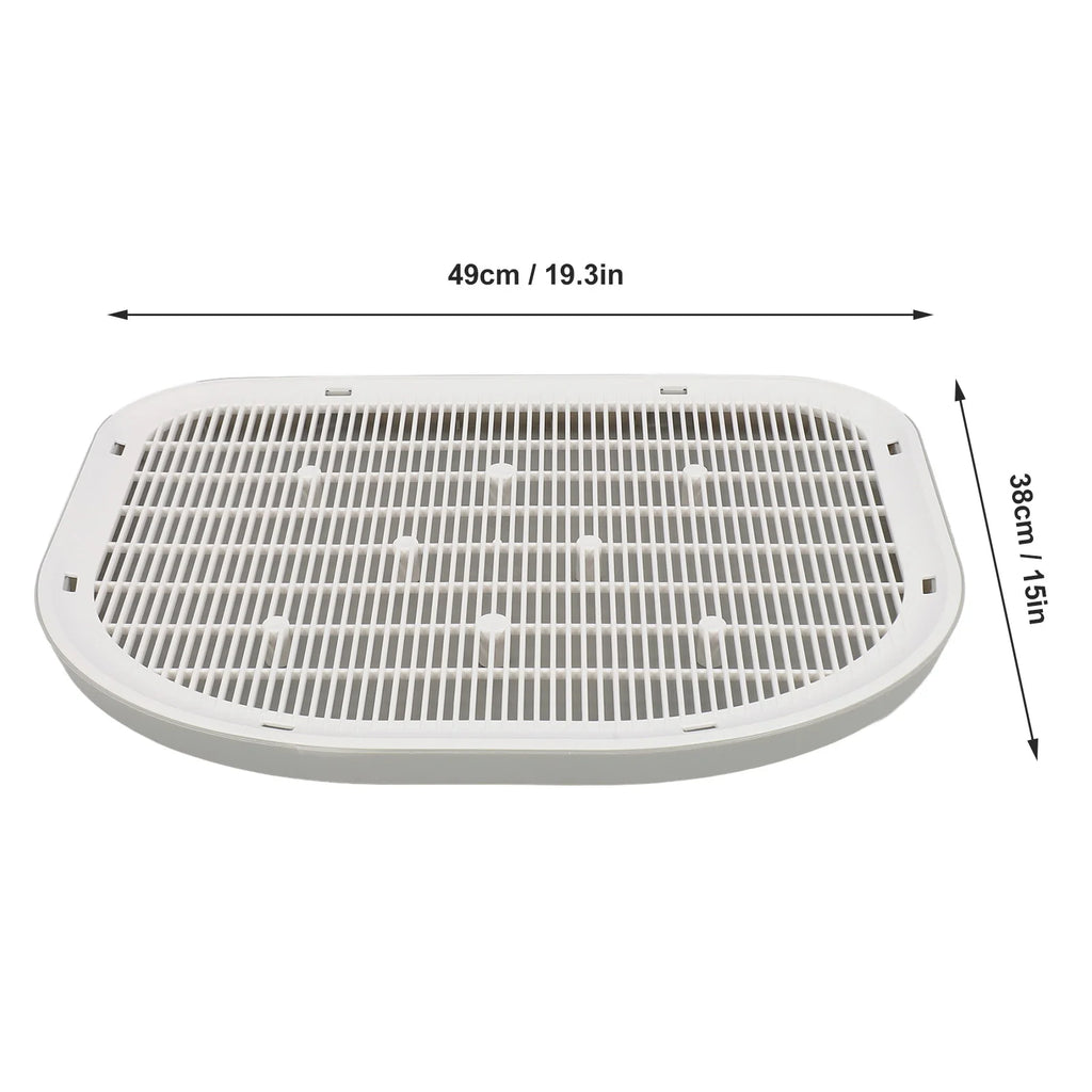 Waterproof anti-slip cat litter mat, light gray, underside lip and drainage grid pattern