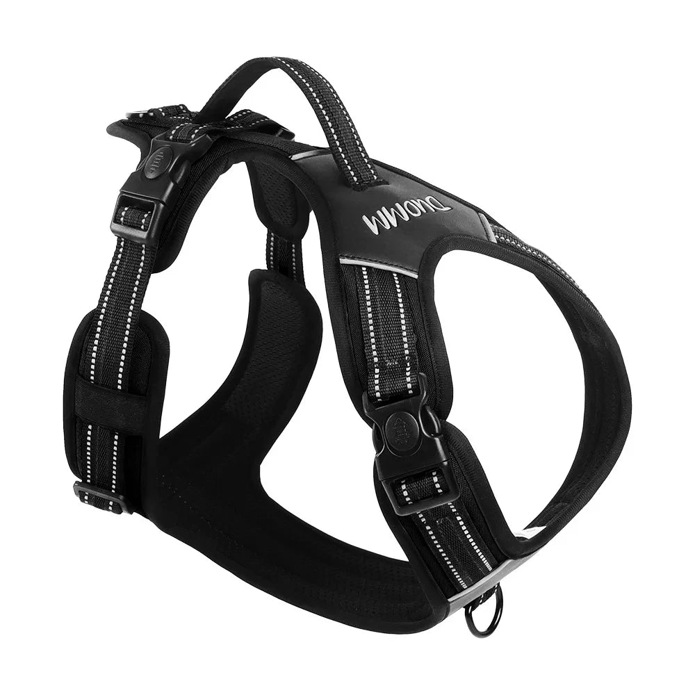 Black adjustable dog harness with white reflective stripe accents