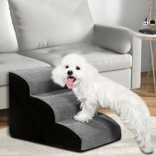 Non-slip foam pet stairs ramp with gray fabric and black non-slip base, on couch
