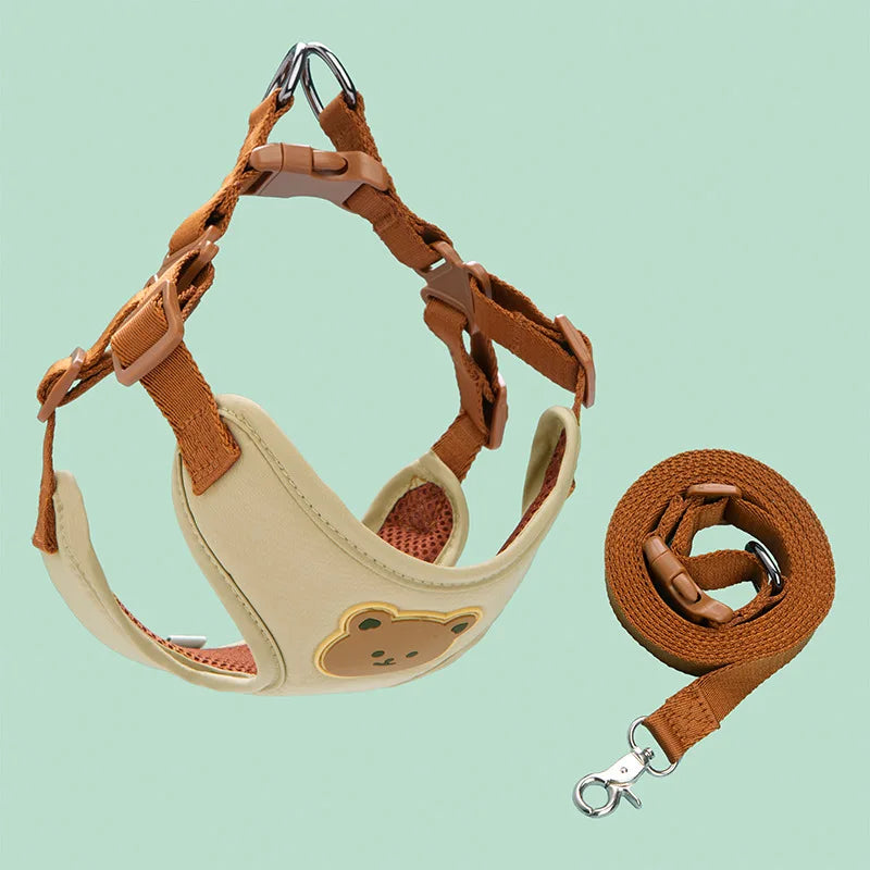 Breathable dog harness and leash set with beige vest and brown leash, bear badge