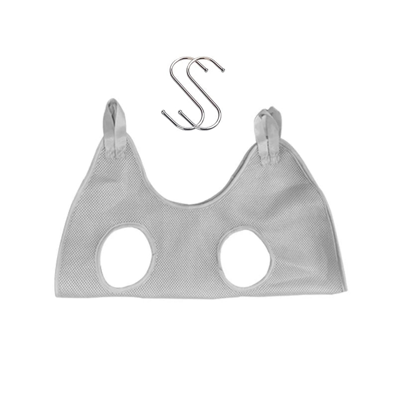 Light gray cat grooming restraint hammock bag with two paw holes and included S hooks