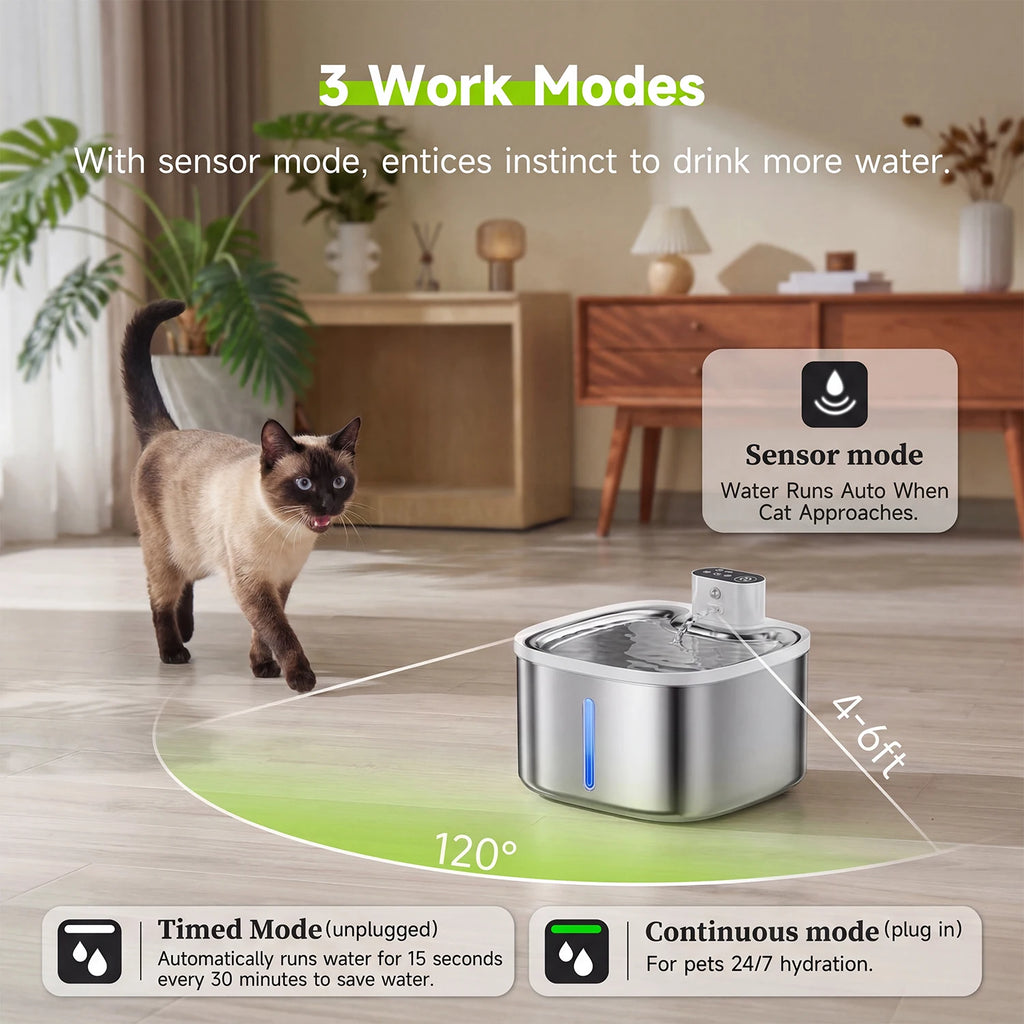 3.5L Wireless Cat Water Fountain 4000mAh Rechargeable Stainless Steel Tray Mute Pump