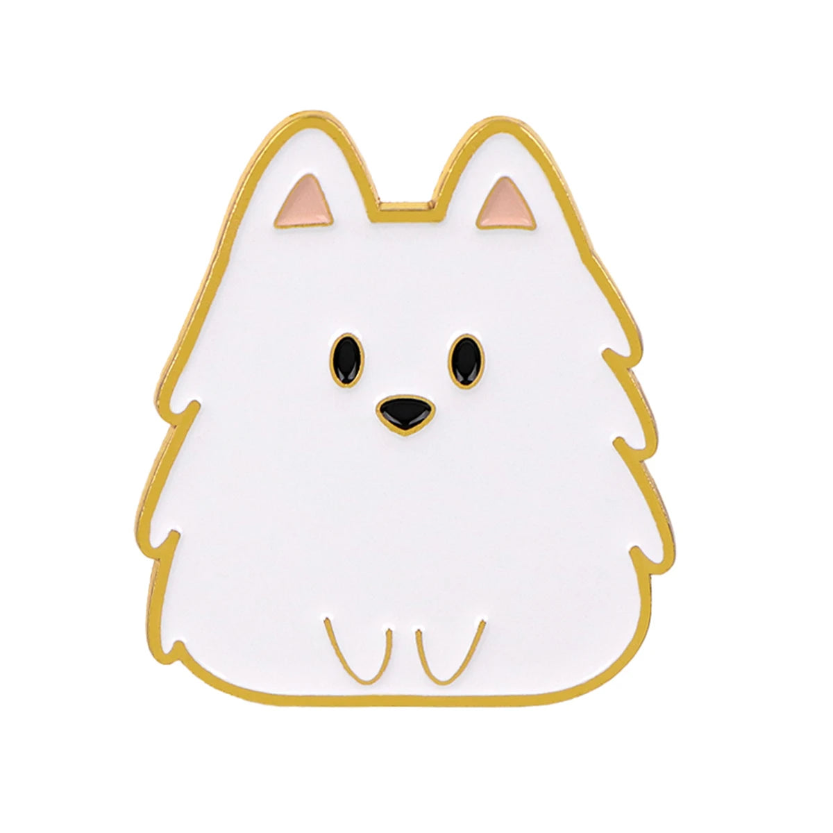 White cat enamel pin with gold outline and small smiling face