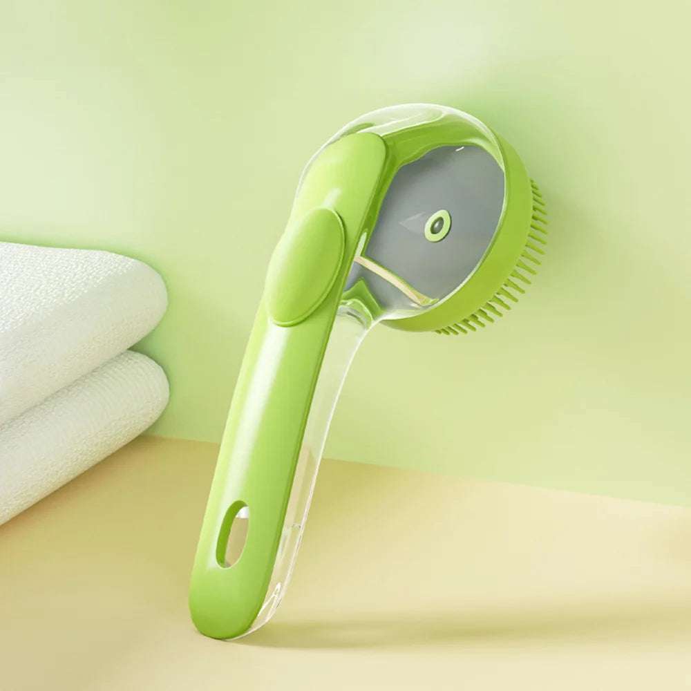 Pet bath brush with light-green bristle head and clear scoop handle for pets