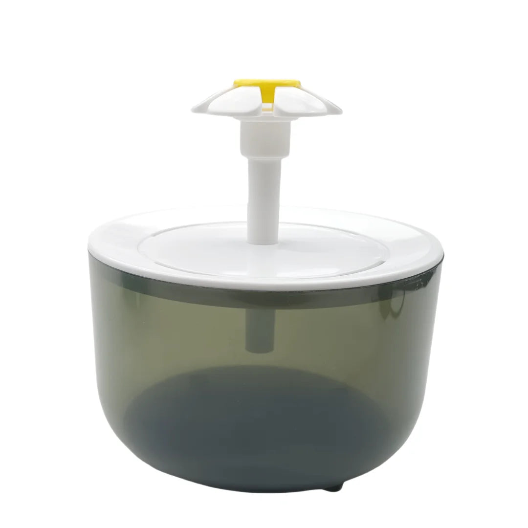1.2L cat water fountain with dark gray base and white top, yellow nozzle