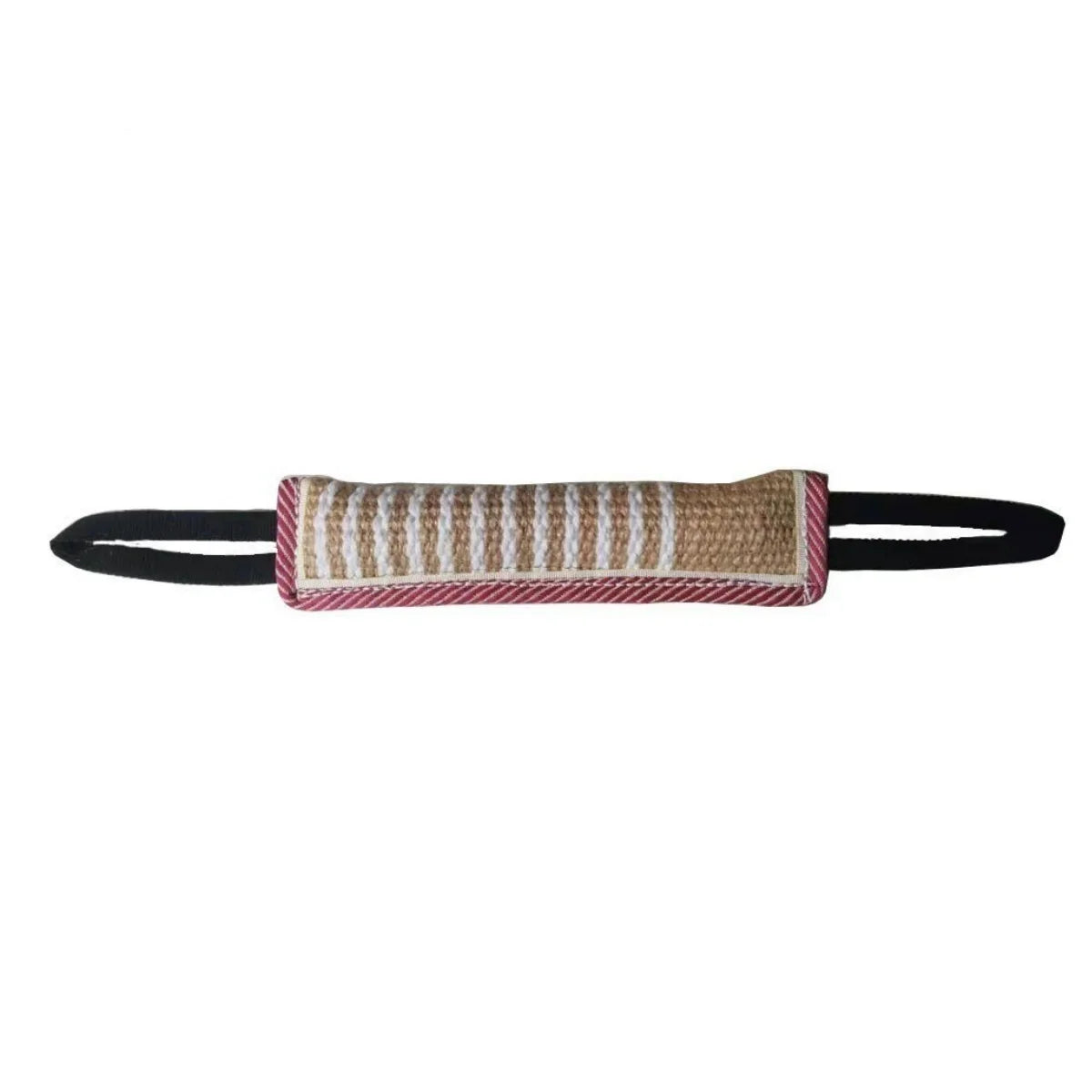 Jute bite stick tug toy with striped center, black handles, red stitched edge.