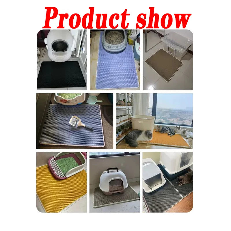 Foldable cat litter mat in multiple room setups, shown as a rectangular pet carpet