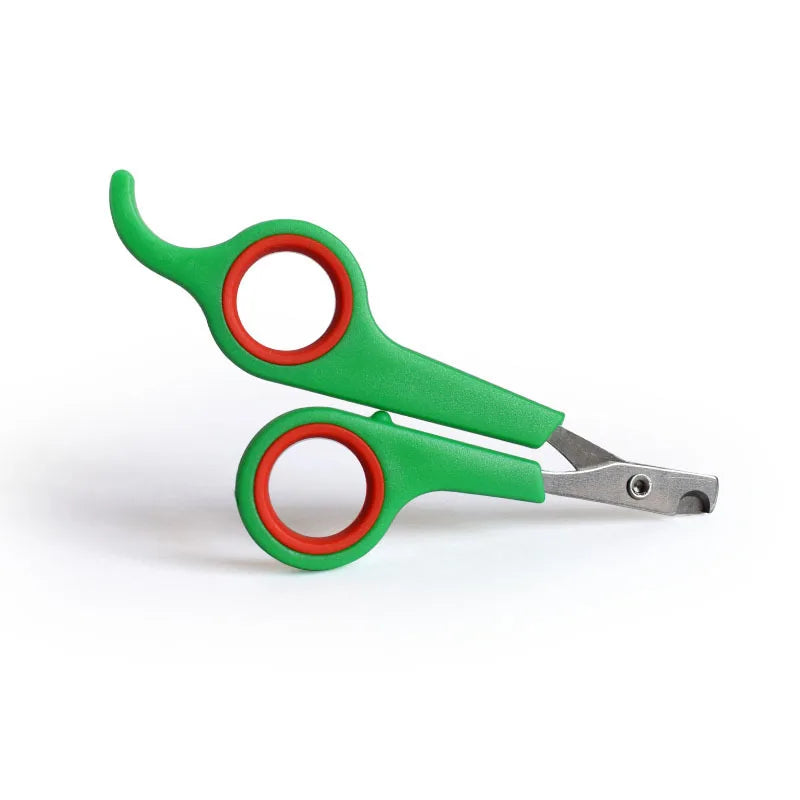 Green pet nail clippers with red loop grips and stainless cutting blades