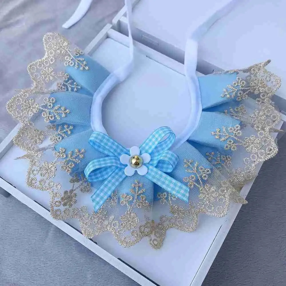 Lace mesh bowknot scarf collar with flower, light blue gingham bow