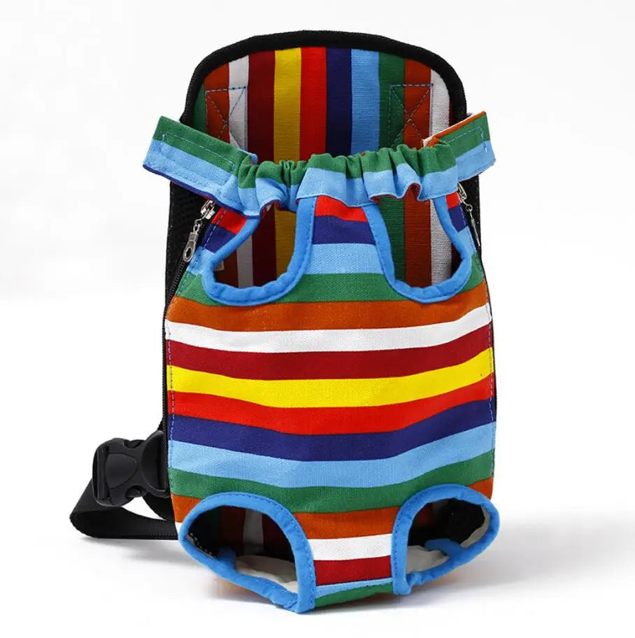 Breathable striped pet backpack with mesh and two leg holes, bright multicolor fabric