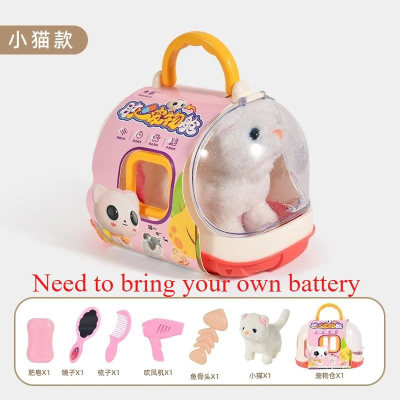 Plush animal toy set with carry handle, see-through dome and light plush bunny