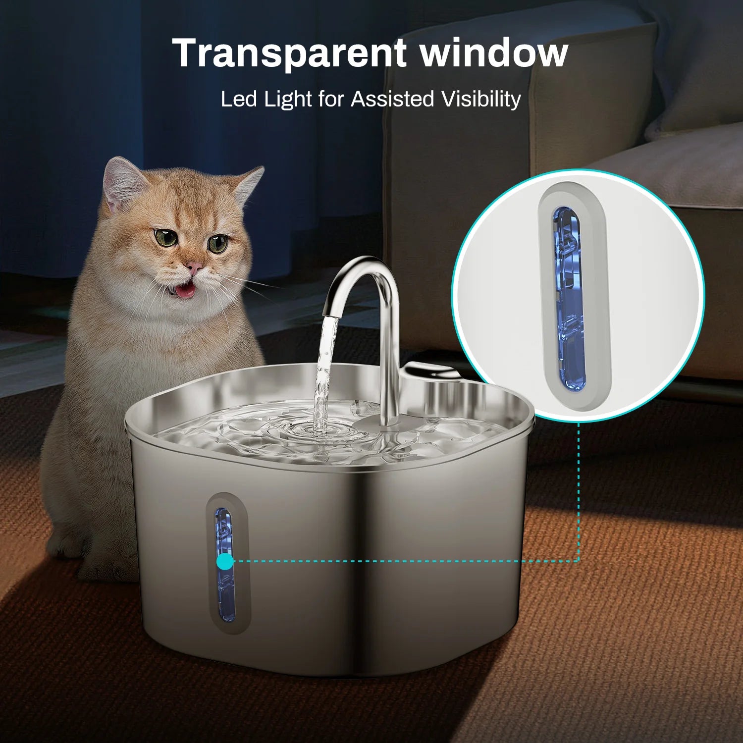 Stainless Steel 2.2L Cat Water Fountain Ultra Quiet Filter