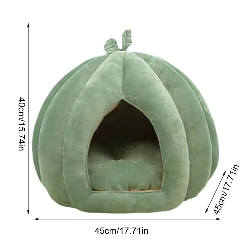 Green pumpkin cat cave bed; size diagram shows 45cm wide and 40cm high